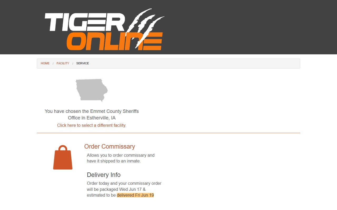 Emmet County Jail commissary ordering page for inmate services